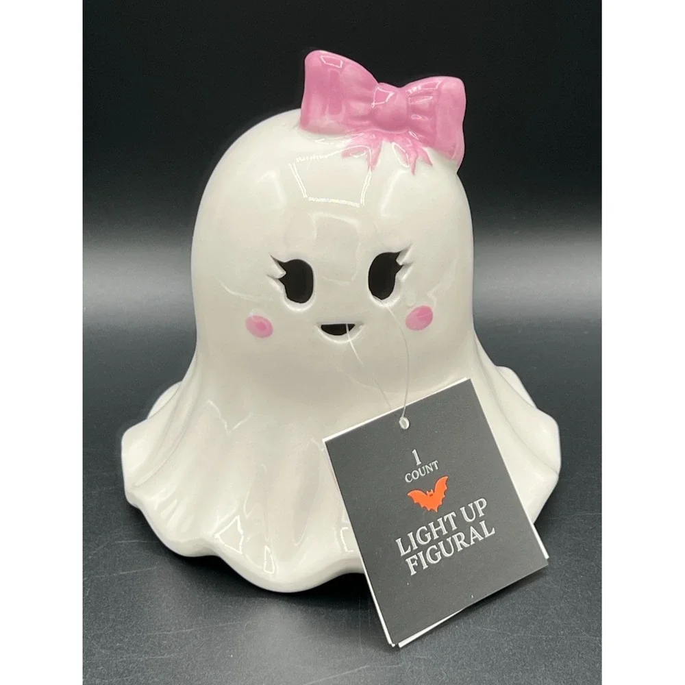 Target Bullseye Halloween 2025 ~ Ceramic LED Light Up Ghost with Pink Bow ~ NEW